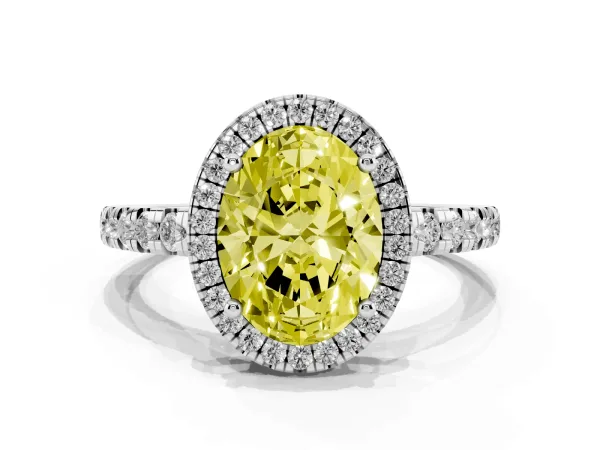 Fancy Yellow Oval Cut Diamond Halo Ring with Pavé Band and Four-Prong Setting White gold