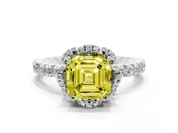 Fancy Yellow Asscher Cut Diamond Halo Pave Band with Four-Prong Setting White gold