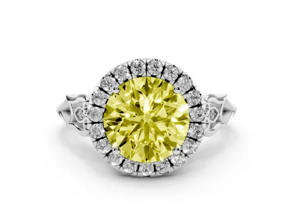 Fancy Yellow Round Cut Halo Diamond Engagement Ring with Filigree Band and Four-Prong Setting White gold