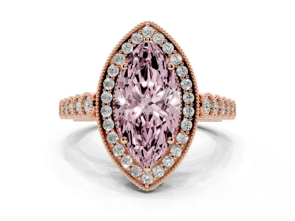 Fancy Pink Marquise Cut Halo Milgrain Solitaire with Bezel Set Side Stones and Pave Band Rose gold