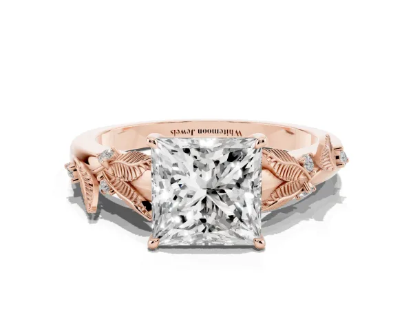 Princess Cut Diamond Solitaire Ring with Leaf Motif Band and Four-Prong Setting Rose gold