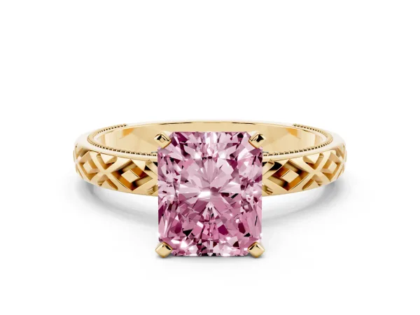 Fancy Pink Radiant Cut Solitaire Diamond Ring with Milgrain and Black Enamel X Pattern Band Yellow gold