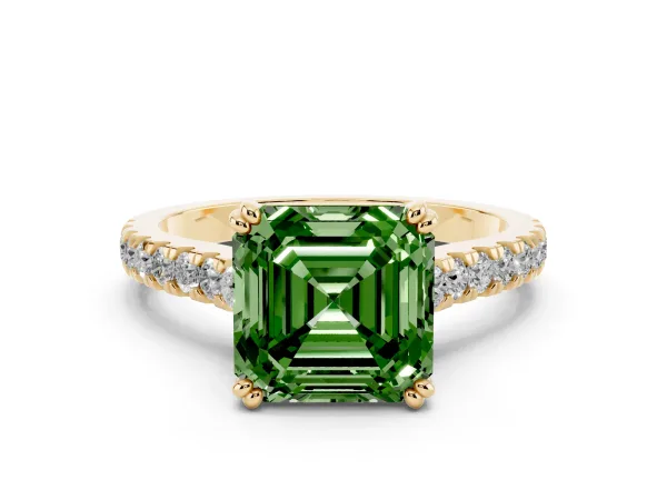 Fancy Green Asscher Cut Solitaire Pave Diamond Engagement Ring with Prong Setting Yellow gold