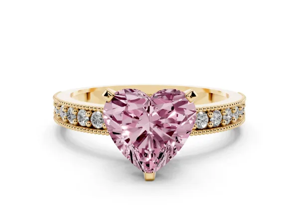 Fancy Pink Heart Cut Diamond Milgrain Pavé Engagement Ring with Four-Prong Setting Yellow gold