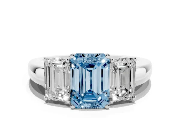 Fancy Blue Emerald Cut Diamond Three-Stone Ring with Four-Prong Setting and Classic Band Platinum