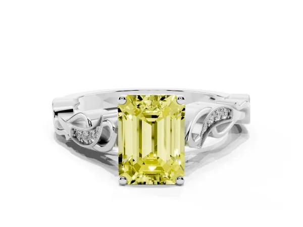Fancy Yellow Emerald Cut Solitaire Vine Band with Milgrain Prong Setting Platinum