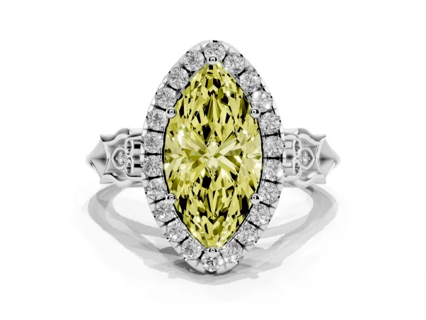 Fancy Yellow Marquise Cut Halo Diamond Engagement Ring with Filigree Band and Four-Prong Setting Platinum