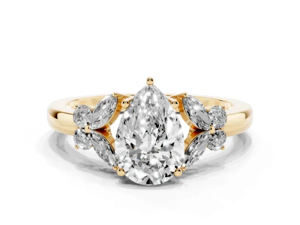 Pear Cut Cut Solitaire Floral Diamond Ring with Four-Prong Setting Yellow gold