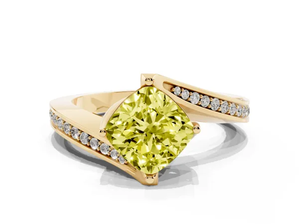 Fancy Yellow Cushion Cut Solitaire Diamond Twist Band with Pavé Setting and Four-Prong Setting Yellow gold