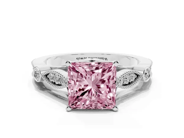 Fancy Pink Princess Cut Cut Diamond with Milgrain Marquise and Bezel Accents on a Solitaire Band with Prong Setting White gold