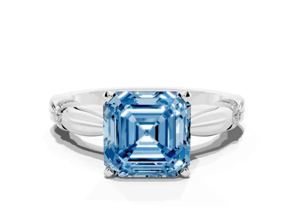 Fancy Blue Asscher Cut Solitaire Diamond Twisted Band with Four-Prong Setting White gold