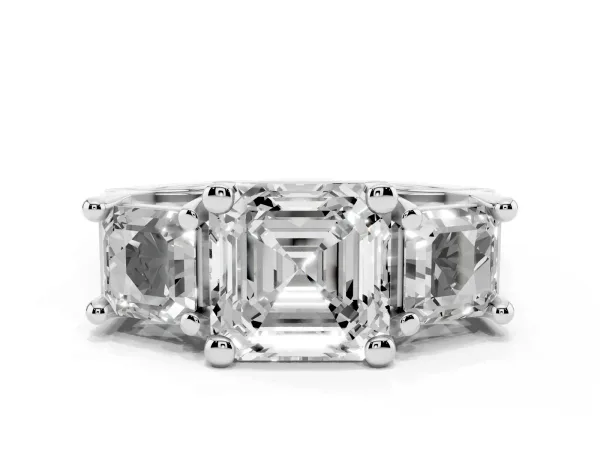 Asscher Cut Diamond Three-Stone Ring with Channel Set Band and Four-Prong Setting Platinum