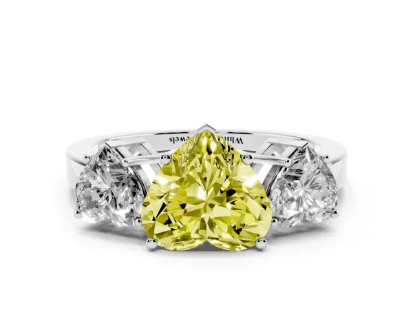 Fancy Yellow Three-Stone Heart Cut Cut Diamond Engagement Ring with Flat Band and Four-Prong Setting Platinum