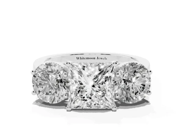 Three-Stone Princess Cut Diamond Engagement Ring with Prong Setting on a Classic Band Platinum