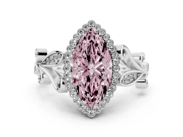 Fancy Pink Marquise Cut Diamond Halo Ring with Vintage Split Shank and Four-Prong Setting Platinum