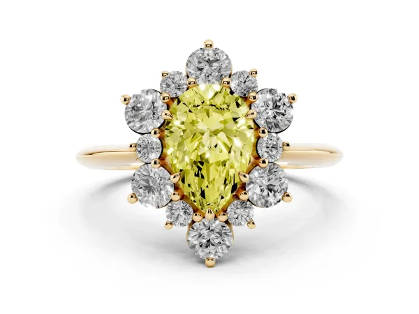 Fancy Yellow Pear Cut Diamond Cluster Halo Ring with Solitaire Band and Four-Prong Setting Yellow gold