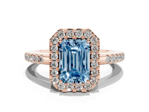 Fancy Blue Emerald Cut Diamond Pavé Halo Ring with Four-Prong Setting Rose gold