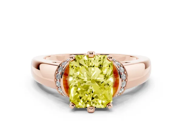 Fancy Yellow Radiant Cut Solitaire Diamond Ring with Pave Band and Six-Prong Setting Rose gold