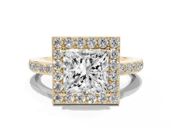Princess Cut Halo Diamond Pavé Band Ring with Prong Setting Yellow gold