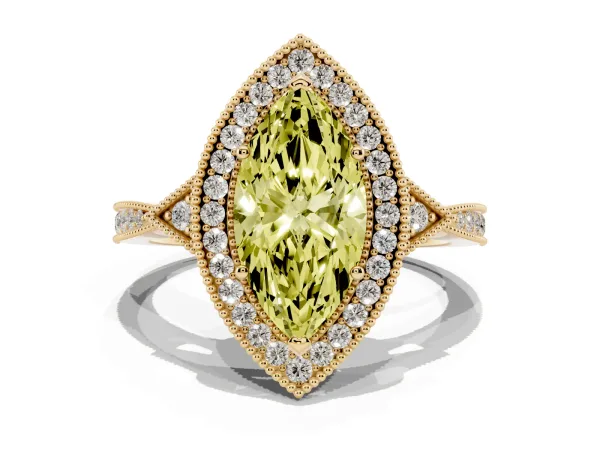 Fancy Yellow Marquise Cut Halo Round Diamond Milgrain Pave Engagement Ring Yellow gold
