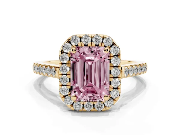 Fancy Pink Emerald Cut Halo Pavé Diamond Engagement Ring with Four-Prong Setting Yellow gold