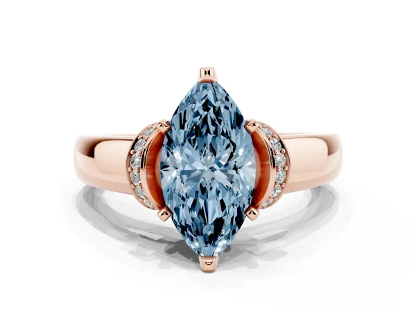 Fancy Blue Marquise Cut Solitaire Diamond Ring with Pave Band and Six-Prong Setting Rose gold