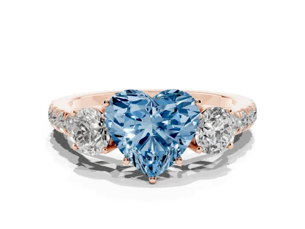 Fancy Blue Heart Cut Cut Diamond Three-Stone Ring with Round Side Stones and Pavé Band Rose gold