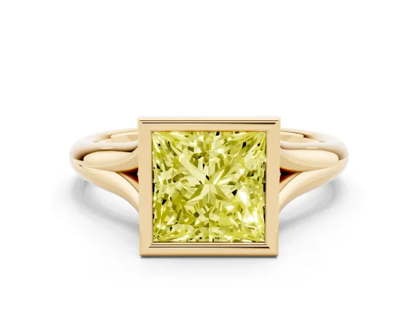 Fancy Yellow Bezel Set Princess Cut Solitaire Diamond Ring with Smooth Band Yellow gold