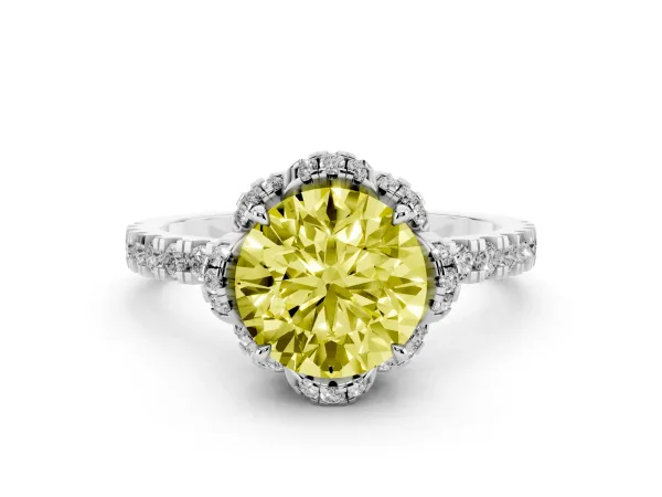 Fancy Yellow Round Cut Diamond Halo Pave Band with Four-Prong Setting Platinum