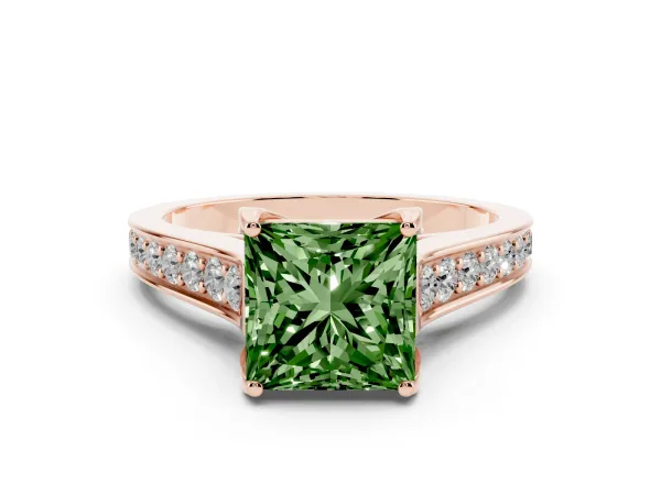Fancy Green Princess Cut Brilliant Cut Diamond Engagement Ring with Pavé Band and Four-Prong Setting Rose gold