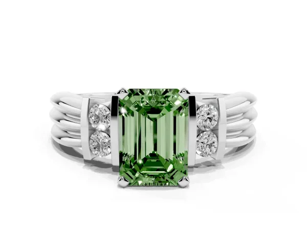 Fancy Green Emerald Cut Cut Three-Stone Channel Set Ring with Bar Prongs Platinum