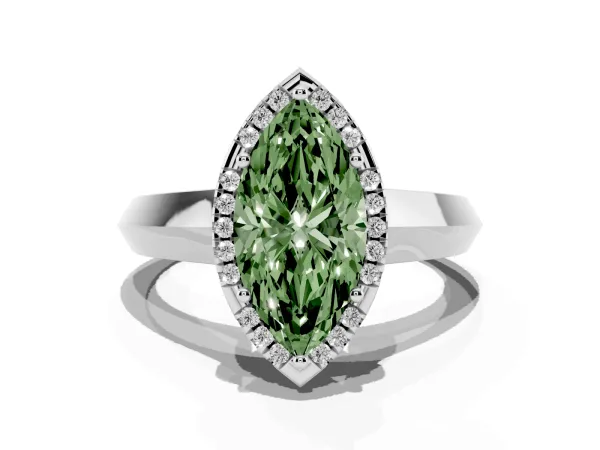 Fancy Green Marquise Cut Halo Diamond Ring with Cathedral Band and Four-Prong Setting Platinum