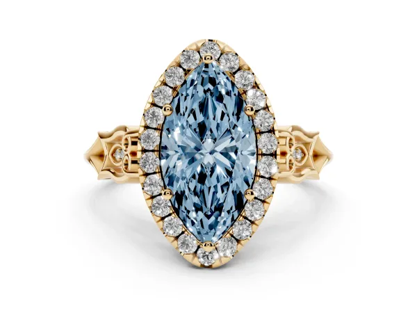 Fancy Blue Marquise Cut Halo Diamond Engagement Ring with Filigree Band and Four-Prong Setting Yellow gold