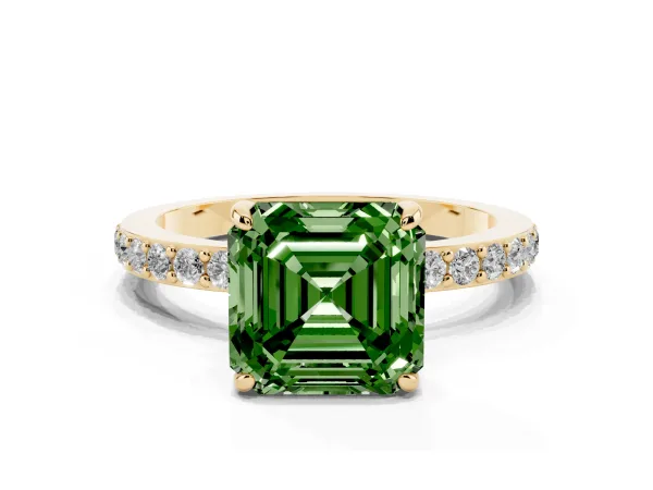 Fancy Green Asscher Cut Diamond Solitaire Engagement Ring with Pavé Band and Four-Prong Setting Yellow gold