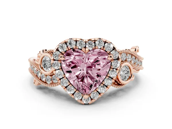 Fancy Pink Heart Cut Halo Diamond Ring with Milgrain and Bezel Accents on a Split Shank Band Rose gold