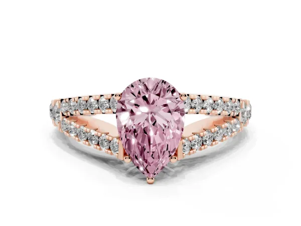 Fancy Pink Pear Cut Diamond Split Shank Engagement Ring with Round Pavé and Prong Setting Rose gold