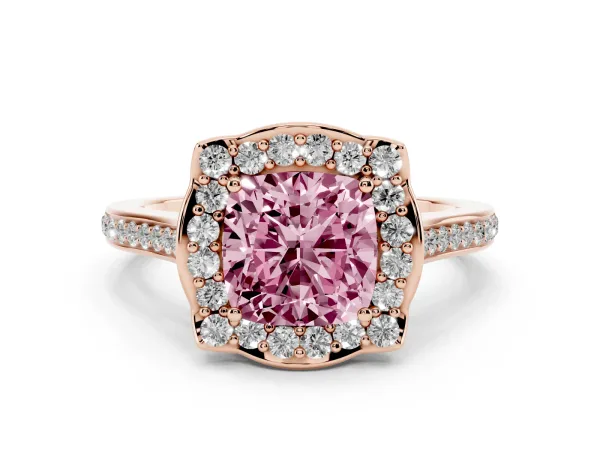 Fancy Pink Cushion Cut Halo Round Diamond Pave Band with Four-Prong Setting Rose gold