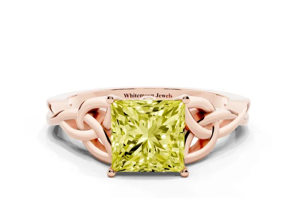Fancy Yellow Princess Cut Diamond Solitaire Engagement Ring with Celtic Knot Band and Four-Prong Setting Rose gold