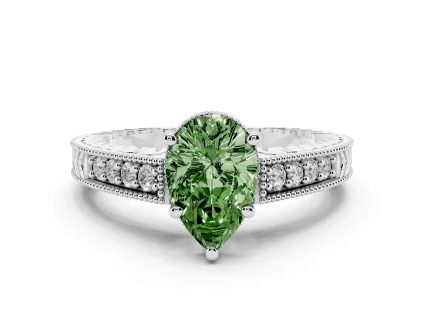 Fancy Green Pear Cut Solitaire Pavé Diamond Milgrain Engagement Ring with Four-Prong Setting White gold
