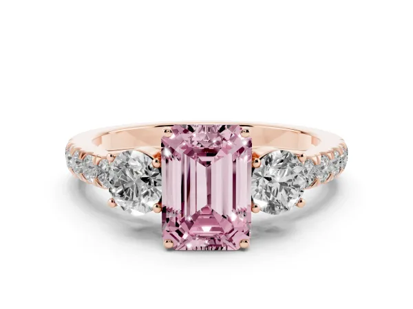 Fancy Pink Emerald Cut Cut Diamond Three-Stone Ring with Round Side Stones and Pavé Band Rose gold