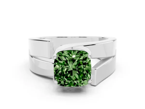 Fancy Green Modern Tension Set Cushion Cut Diamond Solitaire Wide Band Ring White gold