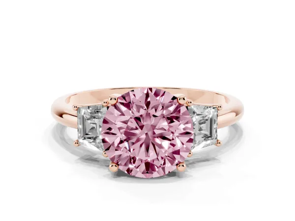 Fancy Pink Round Cut Diamond Three-Stone Ring with Trapezoid Side Stones and Prong Setting Rose gold