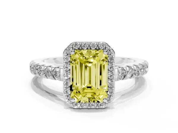 Fancy Yellow Emerald Cut Cut Halo Diamond Engagement Ring with Pave Band and Four-Prong Setting White gold