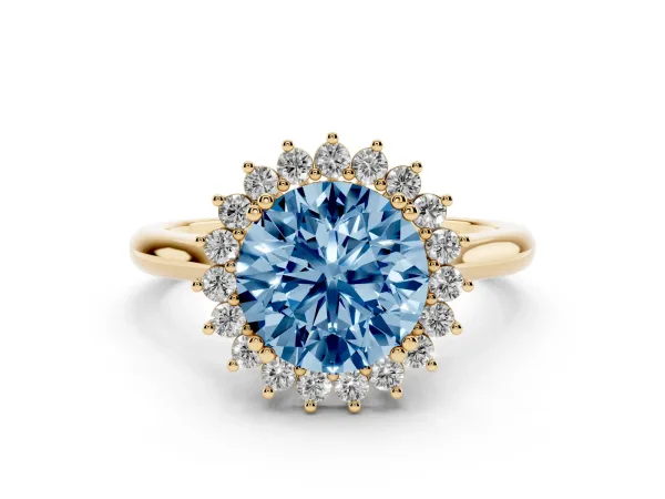 Fancy Blue Round Cut Cut Diamond Halo Ring with Solitaire Band and Prong Setting Yellow gold