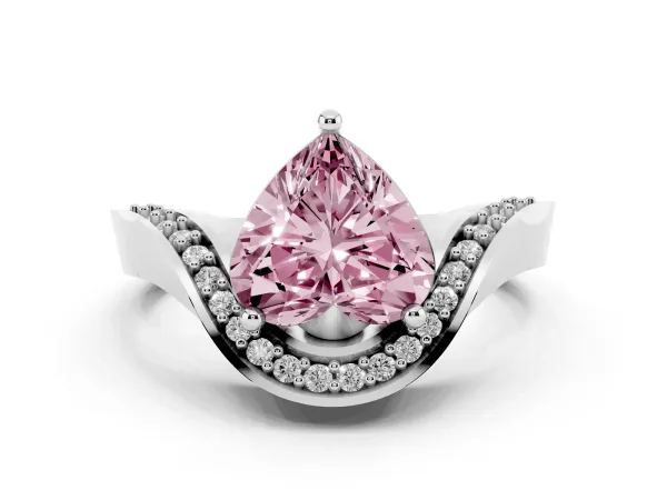 Fancy Pink Heart Cut Solitaire Diamond Engagement Ring with Pave Band and Four-Prong Setting Platinum