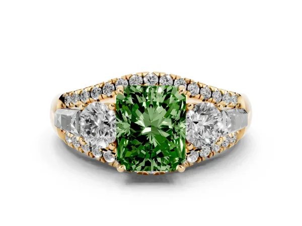 Fancy Green Three-Stone Radiant Cut Diamond Engagement Ring with Pave Band and Prong Setting Yellow gold