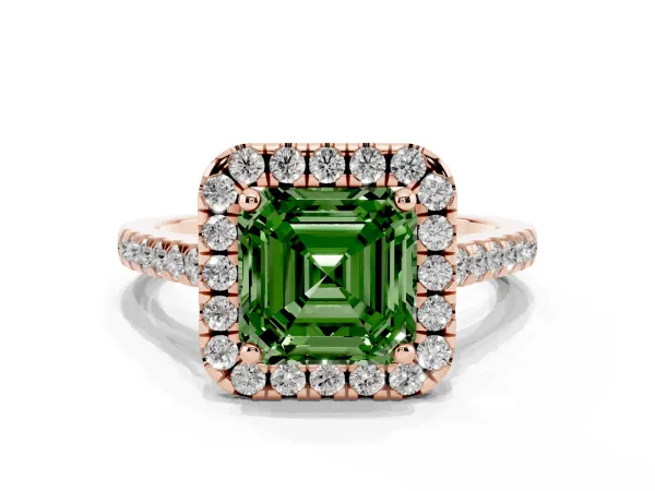 Fancy Green Asscher Cut Halo Pavé Diamond Engagement Ring with Four-Prong Setting Rose gold