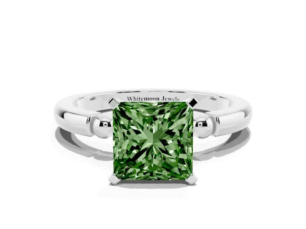 Fancy Green Princess Cut Solitaire Beaded Band with Four-Prong Setting Platinum