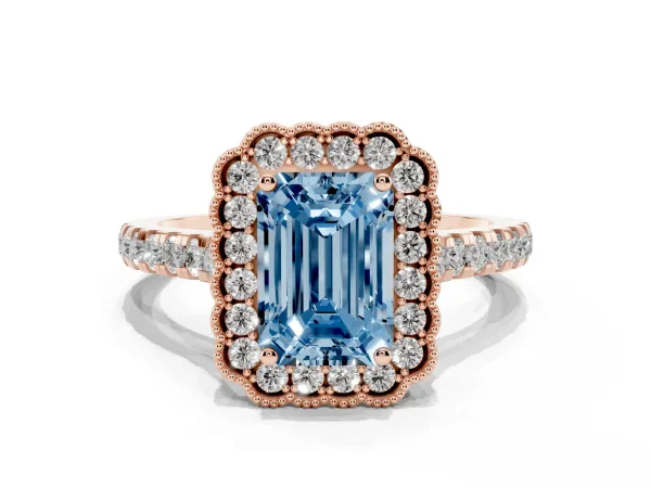 Fancy Blue Emerald Cut Cut Diamond Milgrain Floral Halo Engagement Ring with Pavé Band Rose gold