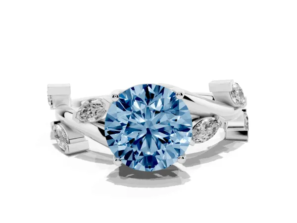 Fancy Blue Round Cut Solitaire Twisted Band Marquise Accent Prong Setting Ring White gold